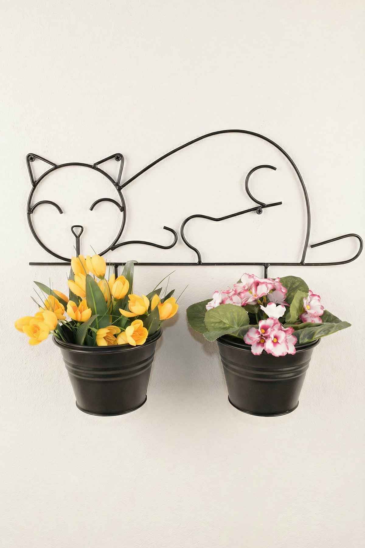 Kedi Figürlü Duvar Saksılığı - Metal Askılı İkili Saksı ve Çiçeklik
