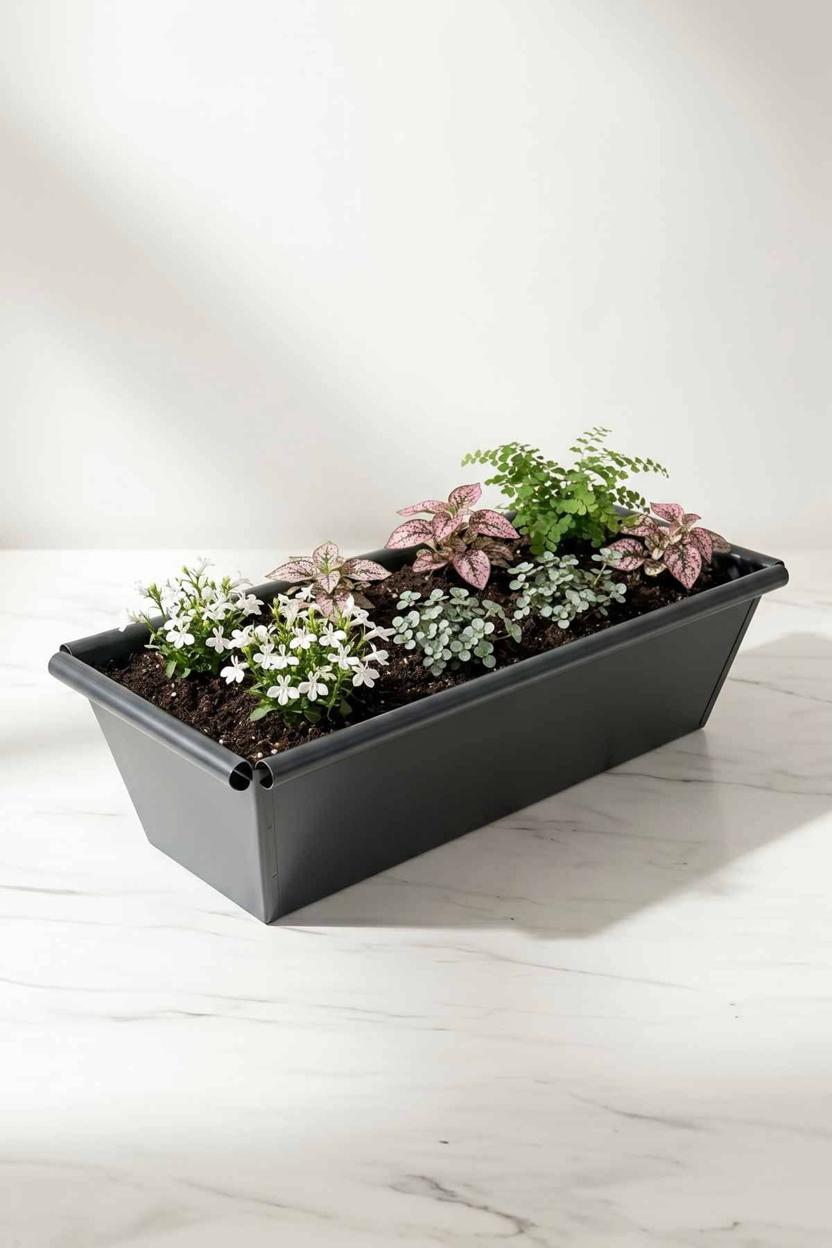 Metal Dikdörtgen Balkon Saksılığı - 53 cm Paslanmaz Galvaniz Dekoratif Yatay Çiçeklik