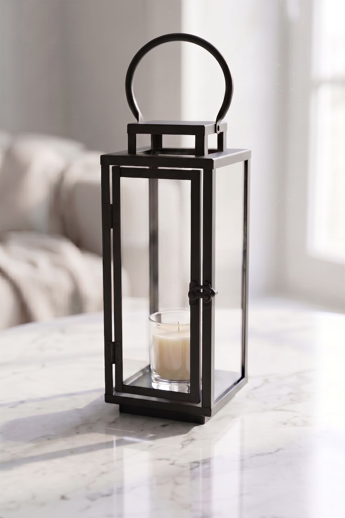 Cam Panelli 45 cm Metal Mumluk Fener - Askılı Dikdörtgen Dekoratif Şamdan